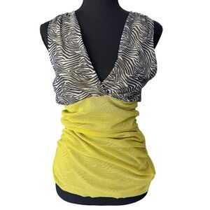 Sweet Pea Zebra Mesh Tank Top Lime Green Ruched V Neck Size Medium Sleeveless